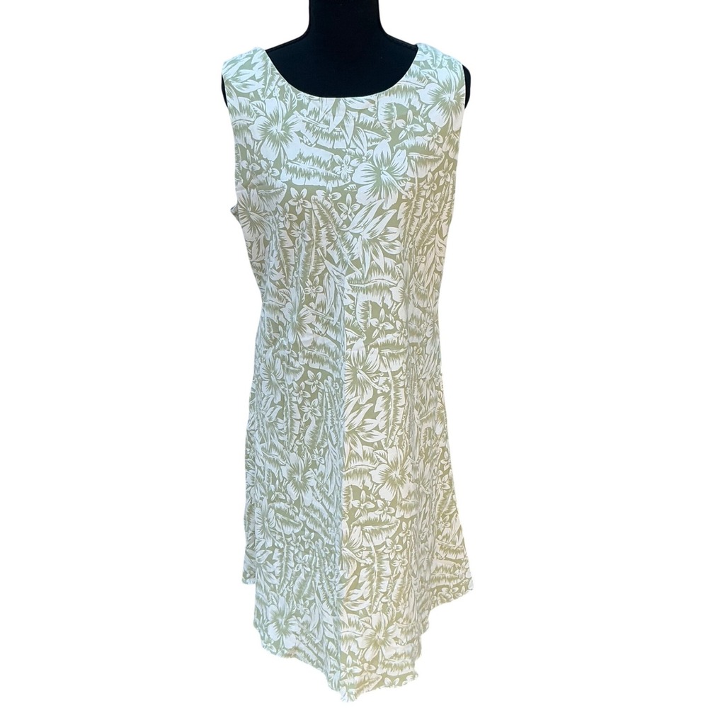 Hilo‎ Hattie Silk Tropical Floral Shift Dress XL Sage Green Hibiscus Sleeveless